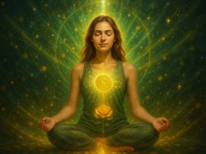 Woman meditating with golden green aura representing Full Abundance Attunement