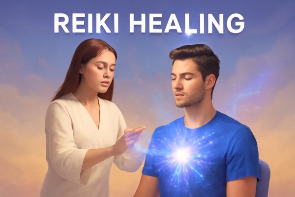 A Reiki healer performing energy healing on a seated man, with luminous light radiating from his chest, symbolizing peace and balance in a Distance Reiki Healing session.